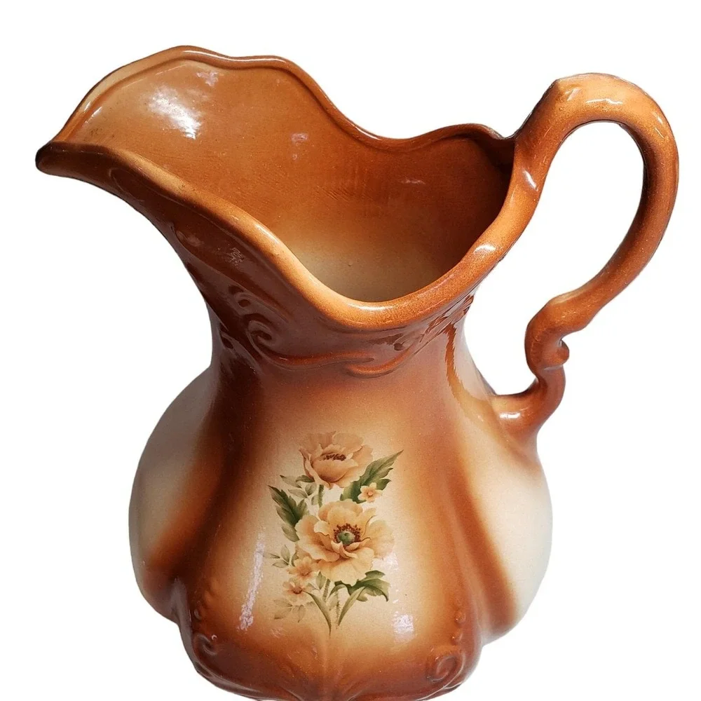Antique Ironstone‎ USA Water Pitcher Copper Rust Ombre Floral